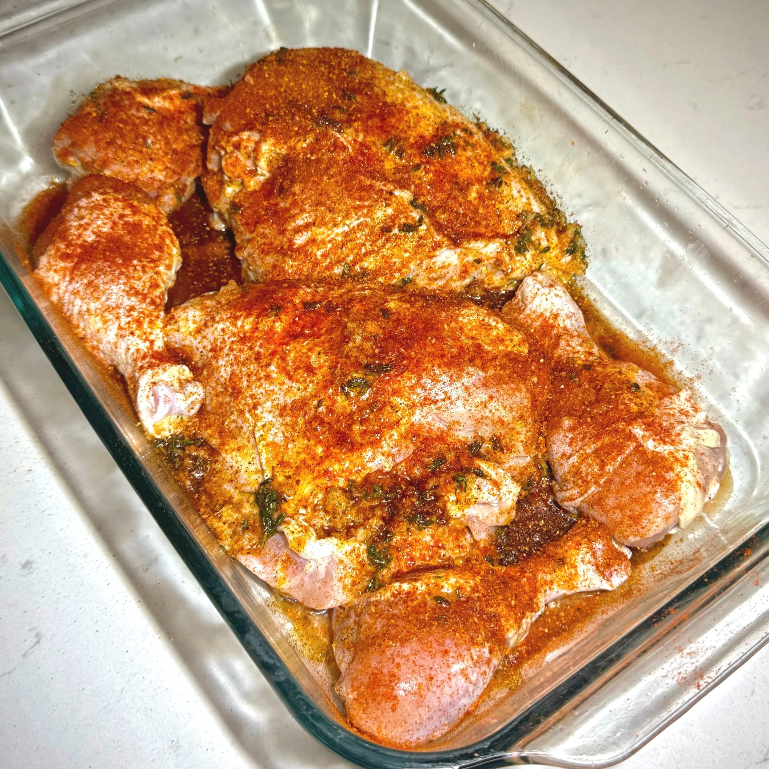  Chicken fully coated in the lemon thyme marinade and Hunter’s Poultry Seasoning for maximum flavor and color. 