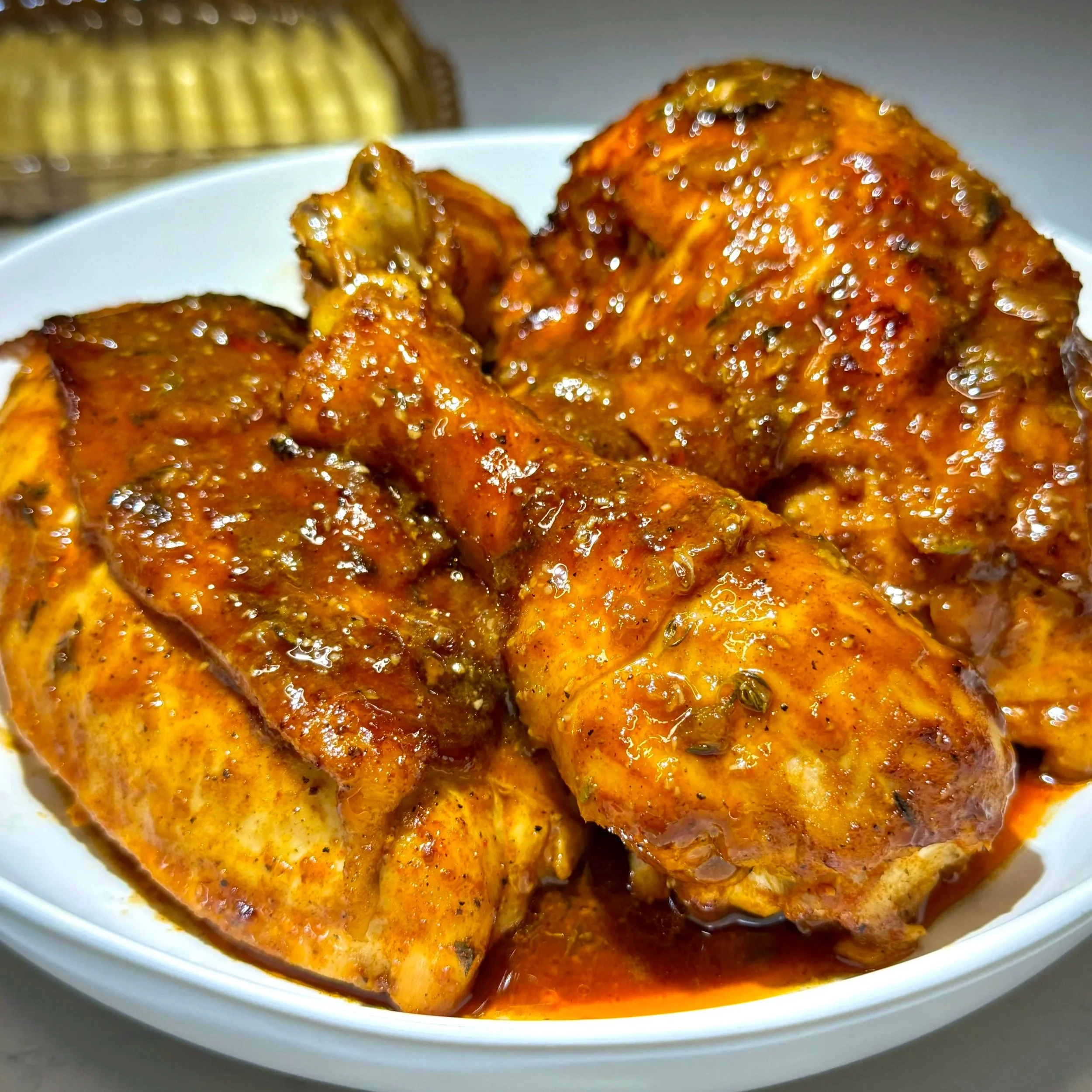  Golden baked chicken drizzled with the citrusy, herb-infused pan juices. 