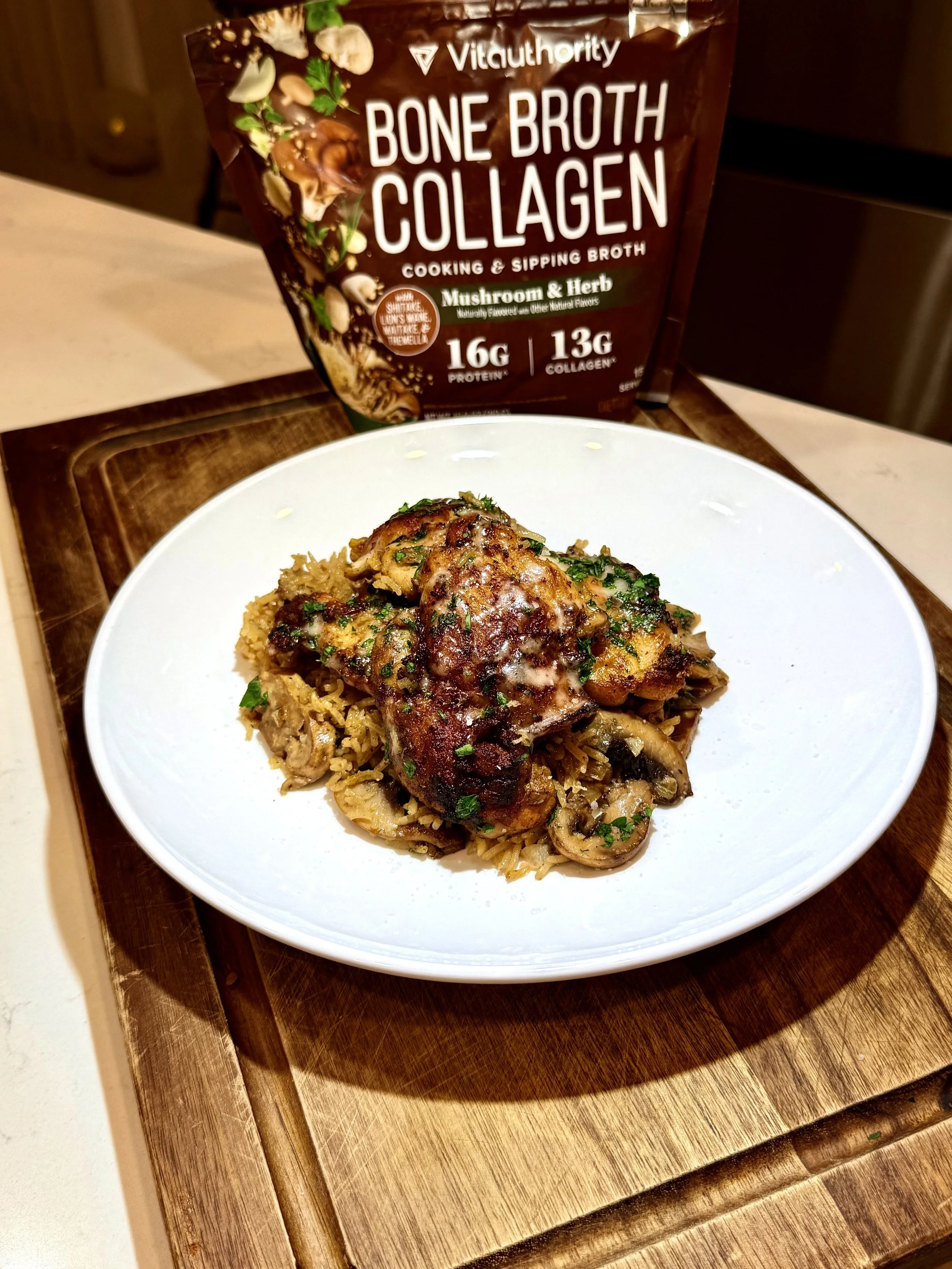 Ingredient Spotlight: Mushroom & Herb Bone Broth Collagen The Mushroom & Herb Bone Broth Collagen from Vitauthority adds a savory boost to this recipe while providing collagen and protein. It dissolves easily into soups, sauces, and rice dishes like this one.