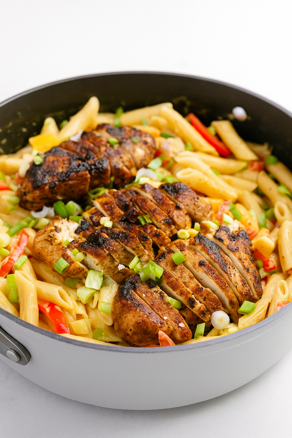  Creamy Jamaican Rasta Pasta with grilled jerk chicken, colorful bell peppers, and coconut milk sauce — topped with scallions and fresh herbs. 