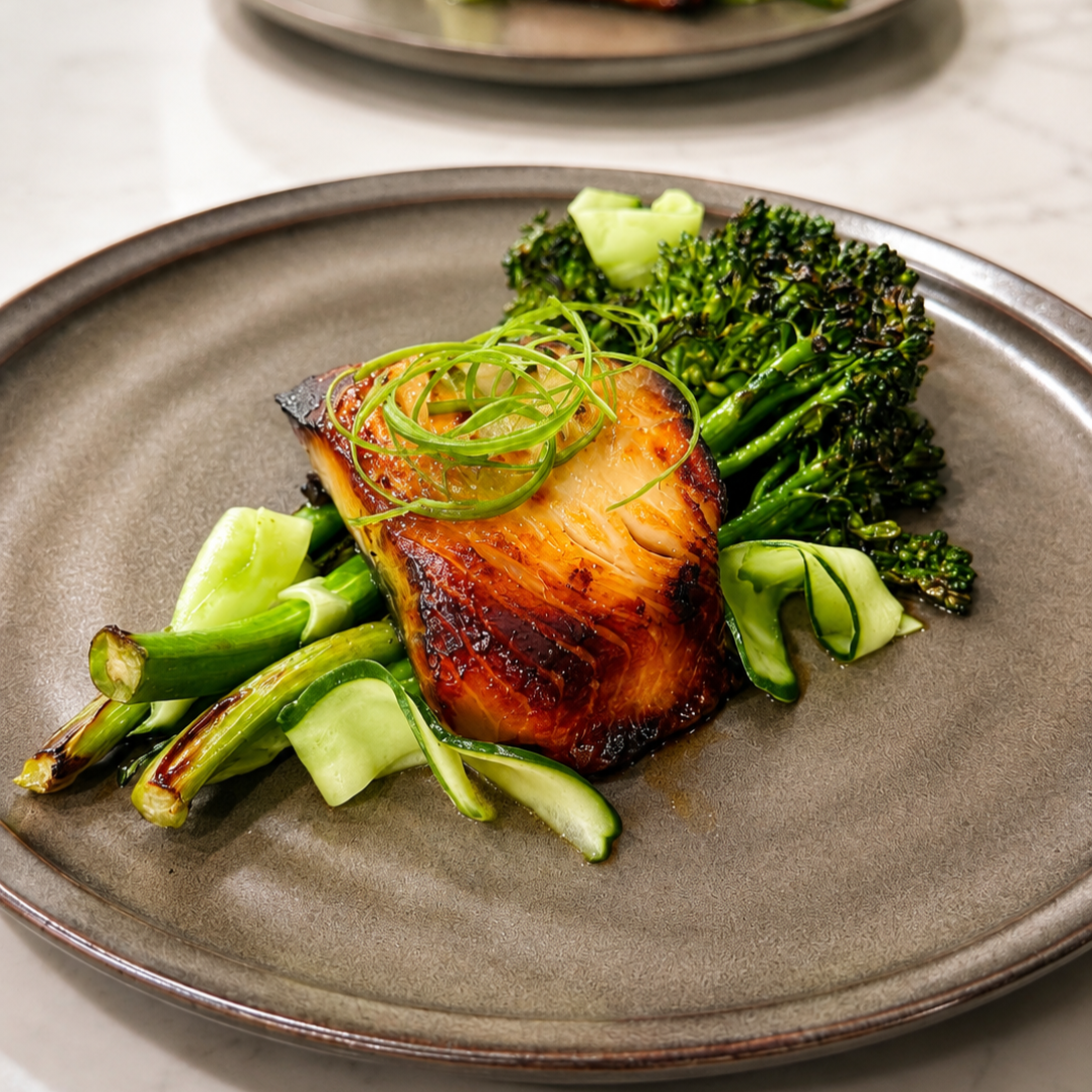  The finished dish — deeply caramelized miso-glazed sablefish resting on charred broccolini, finished with a scallion garnish and pickled cucumber ribbons. 