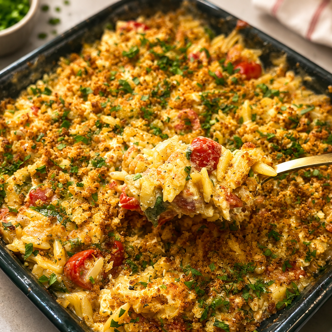 Foolproof one-pan baked feta orzo, elevated with a crispy garlic crumb and fresh tomatoes.