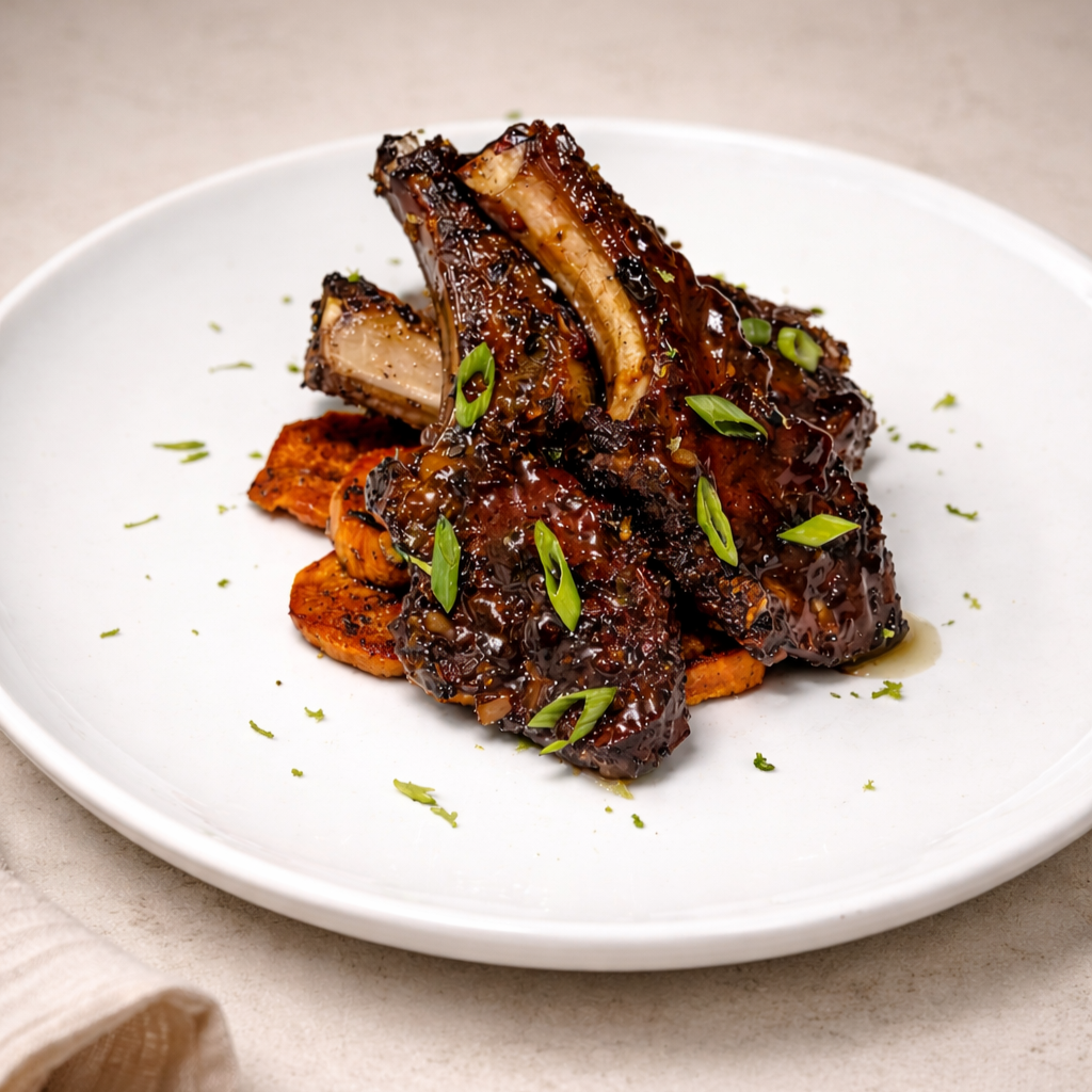  Plating the lamb chops with height for a fine‑dining presentation. 