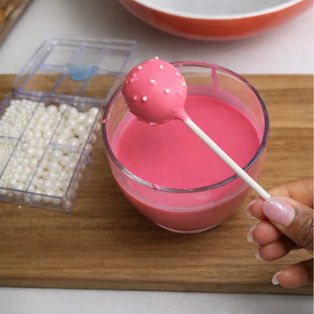 Homemade Starbucks Birthday Cake Pops — soft vanilla cake, pink shell, and white sprinkles for the perfect copycat look.
